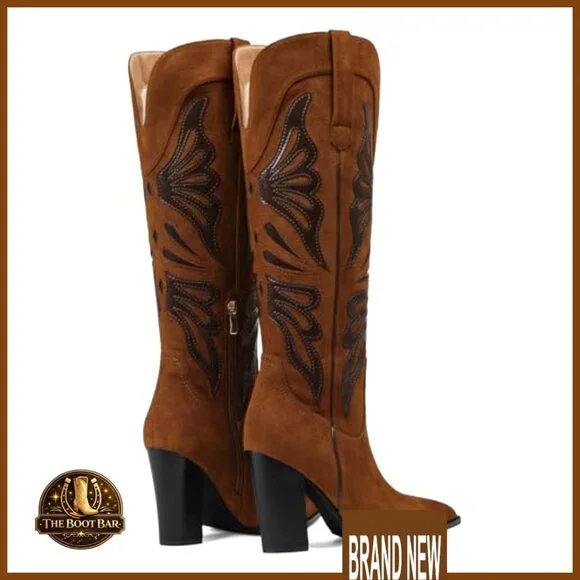 Pointed Toe Cowboy Boots Chunky Heel Knee High Wide Calf Western Elegant - Picture 7 of 7